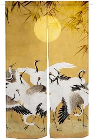 Japanese Style Cranes Full Moon Bamboo Door Curtain 34x60