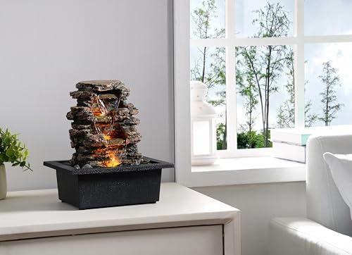 MAOCHI Tabletop Water Fountain with Automatic Pump and Natural River Rocks