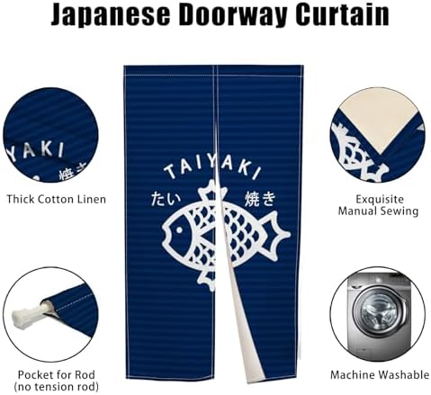Traditional Japanese Noren Doorway Curtain with Taiyaki Print