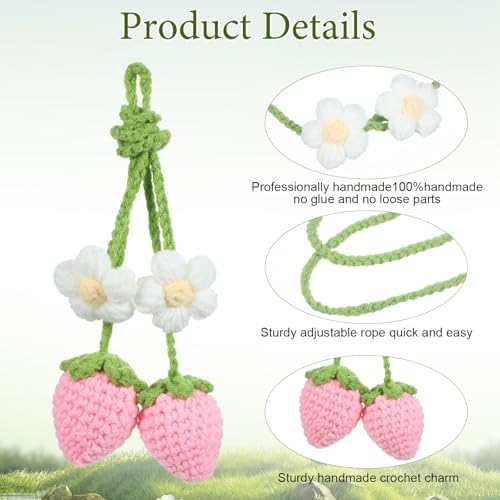 2 Pack Crochet Strawberry Flower Car Hanging Ornaments for Women
