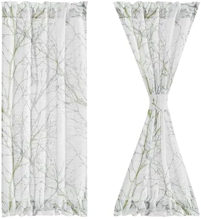 FMFUNCTEX Sheer French Door Curtain Panel 50x40 Green White Tree Print