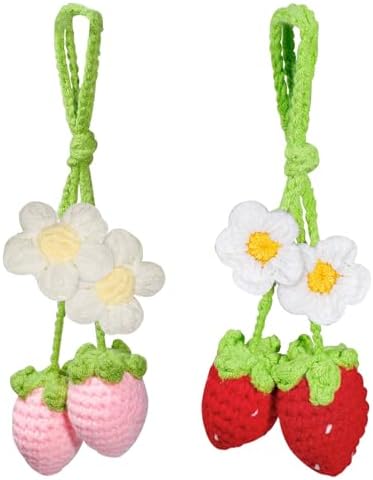 2pcs Crochet Strawberry Flower Plant Basket Car Hanging Decor