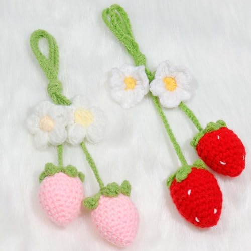 2pcs Crochet Strawberry Flower Plant Basket Car Hanging Decor