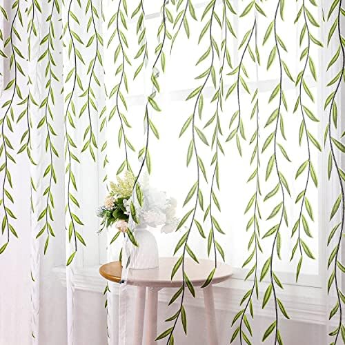 108 Inch Sheer Curtains with Green Leaf Pattern 2 Panels Set