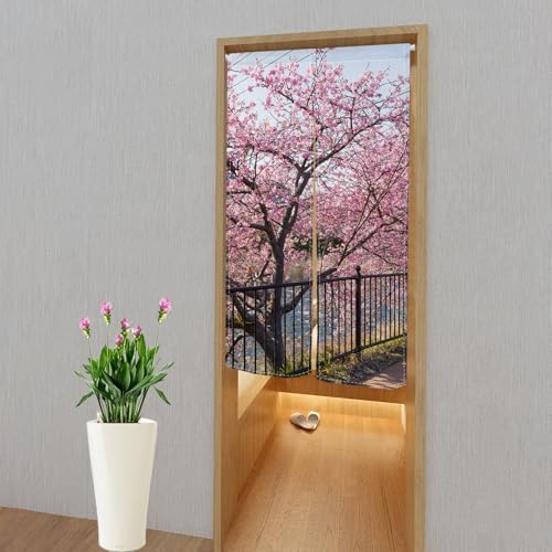 Leowefowa Japanese Noren Spring Pink Cherry Blossom Curtain Panel
