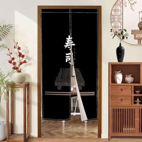 Traditional Japanese Style Door Curtain Black Sushi Pattern