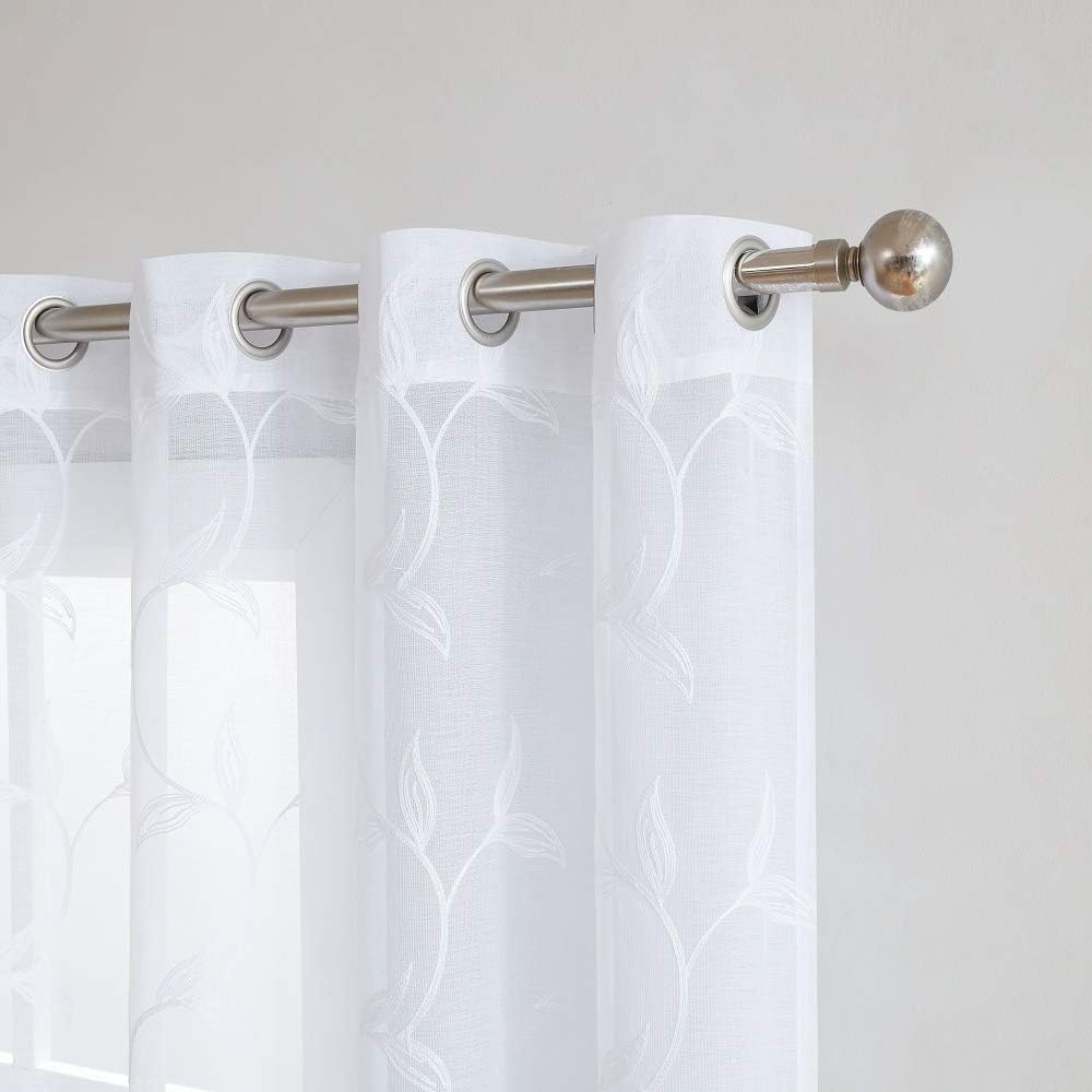 Warm Home Designs Sheer White Faux-Linen Curtain Panels with Leaf Embroidery