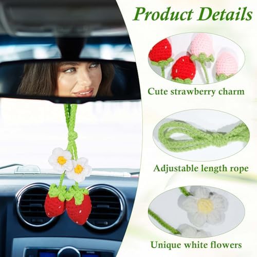 2pcs Crochet Strawberry Flower Plant Basket Car Hanging Decor
