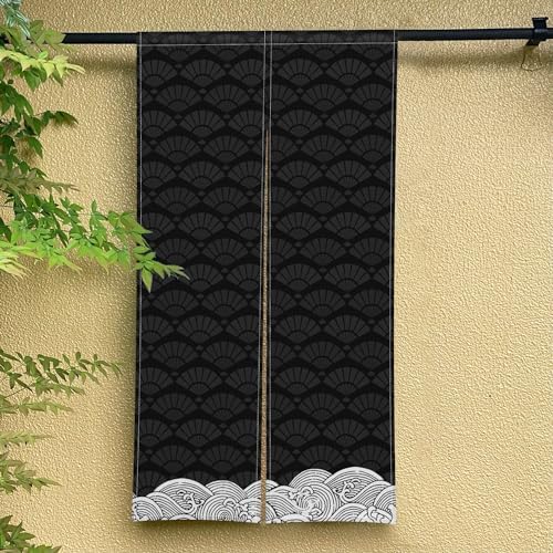 ChloropLastid Long Japanese Noren Curtain Black Beige Wave