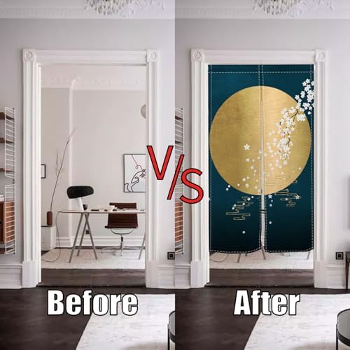 Japanese Noren Door Curtain with Ukiyoe Round Moon Print 34x60 Inches