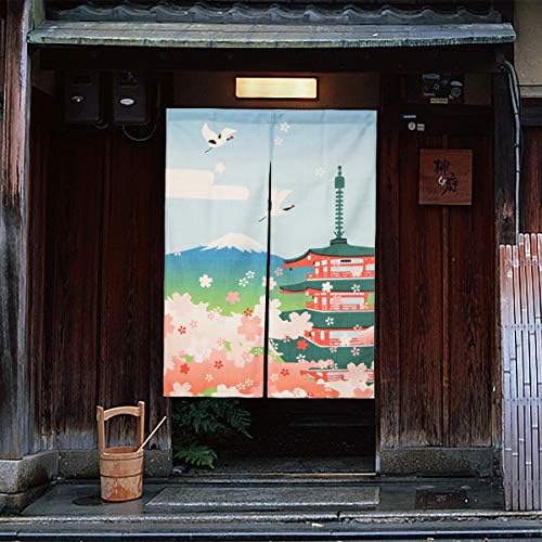 Cotton Linen Japanese Noren Door Curtain with Hokusai Temple Design