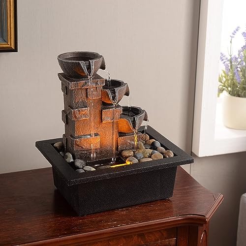 GOSSI 3-Tier Stone Wall Tabletop Fountain with LED Lights