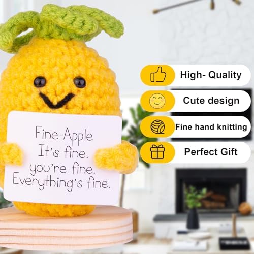 Handcrafted Emotional Support Pineapple Knit Ornament with Card and Base