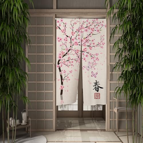 Leowefowa Cherry Blossom Noren Door Curtain