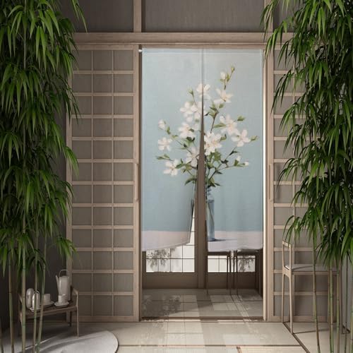 Noren Japanese Ink Painting Flowers in Vase Doorway Curtain