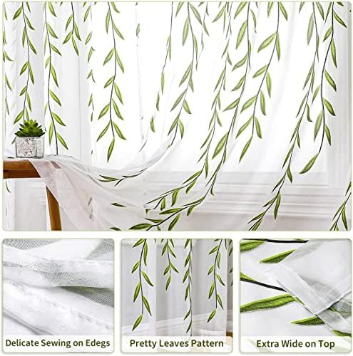 108 Inch Sheer Curtains with Green Leaf Pattern 2 Panels Set