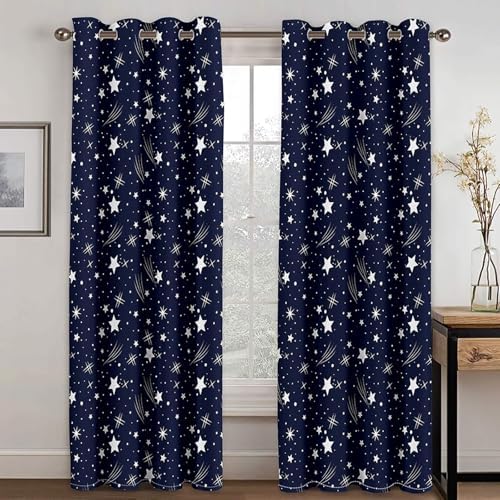 Homxi 2 Panel Balcony Curtains Blackout Navy Blue White Eyelet Starry Sky
