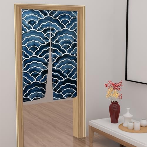 Dark Blue Noren Door Curtain with Wave Print