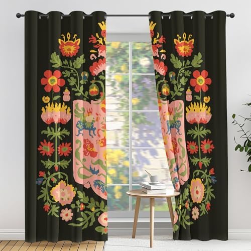 Mexican Floral Blackout Curtains 63 Inch Length Otomi Style 2 Panels Set