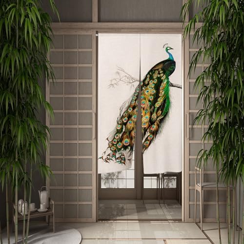Japanese Noren Door Curtain 34x48 Inch Peacock Design