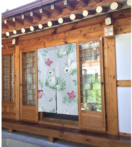 Japanese Doorway Curtain White Rabbit and Butterfly Design