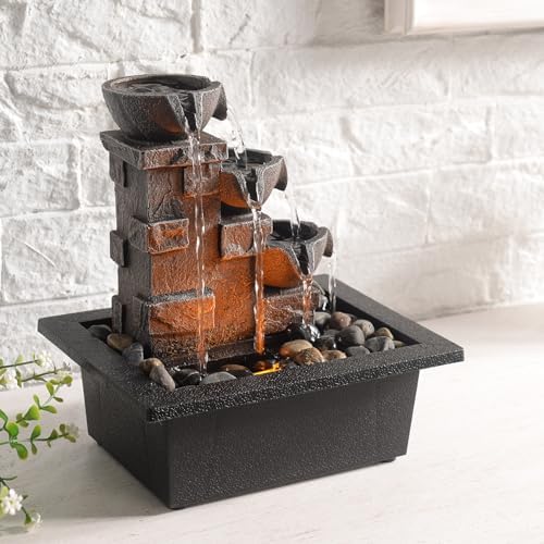 GOSSI 3-Tier Stone Wall Tabletop Fountain with LED Lights
