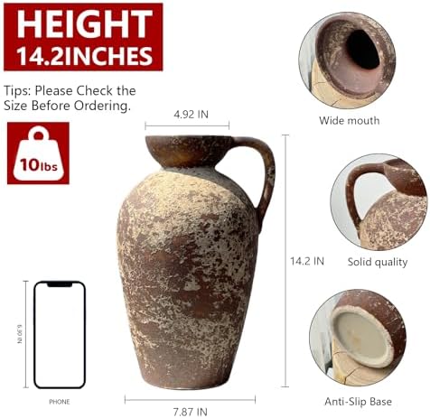 Brown Ceramic Rustic Farmhouse Vase with Handle