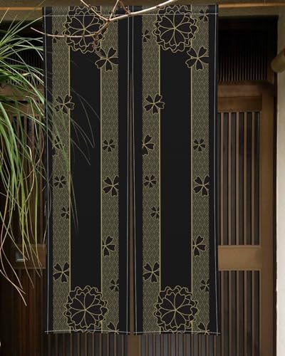 Noren Door Curtain with Gold Flowers Pattern 34x60 Inches