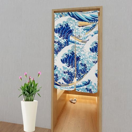 Leowefowa Noren Curtain Blue Great Wave Ukiyoe Design