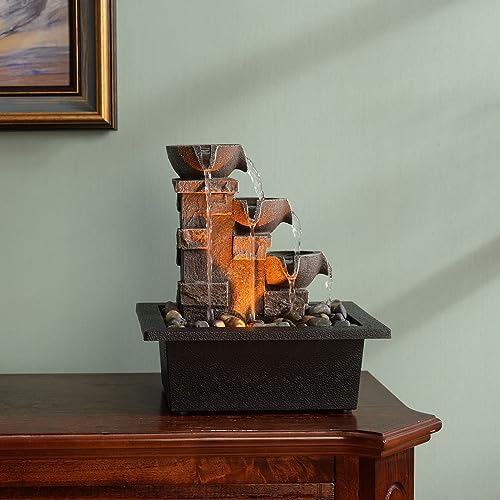 GOSSI 3-Tier Stone Wall Tabletop Fountain with LED Lights