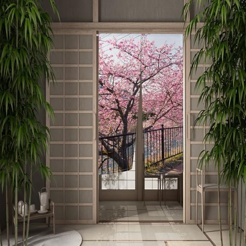 Leowefowa Japanese Noren Spring Pink Cherry Blossom Curtain Panel
