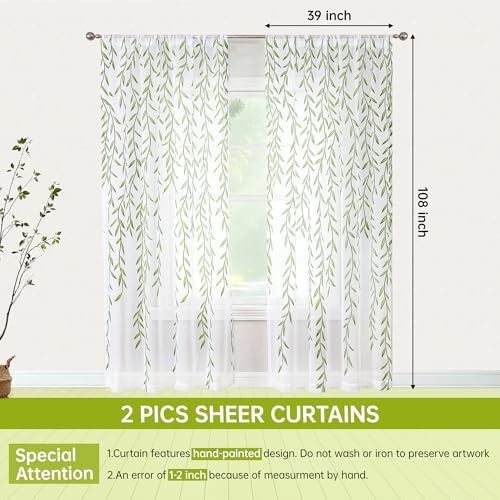 108 Inch Sheer Curtains with Green Leaf Pattern 2 Panels Set