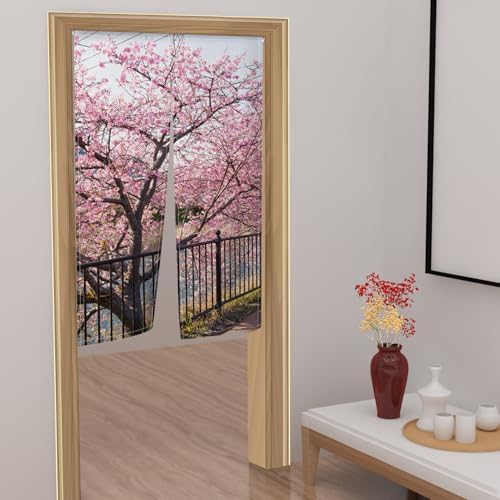 Leowefowa Japanese Noren Spring Pink Cherry Blossom Curtain Panel