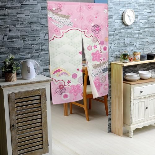 Traditional Japanese Noren Door Curtain Pink Flowers Print 34x60