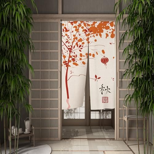 Japanese Noren Door Curtain with Fall Leaves Design