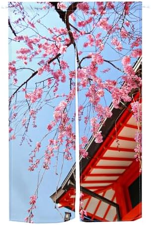Leowefowa Japanese Noren Doorway Curtain Pink Cherry Blossom Panel 34x60