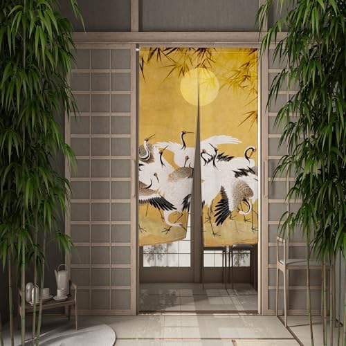 Japanese Style Cranes Full Moon Bamboo Door Curtain 34x60