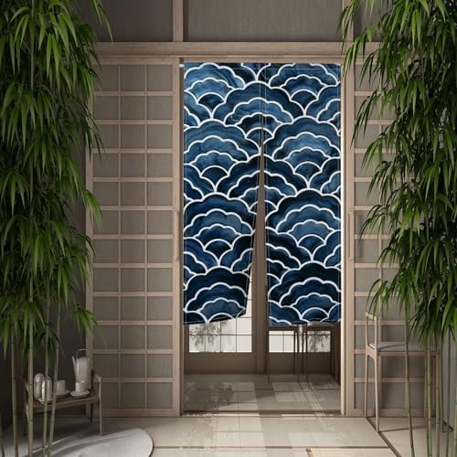 Dark Blue Noren Door Curtain with Wave Print