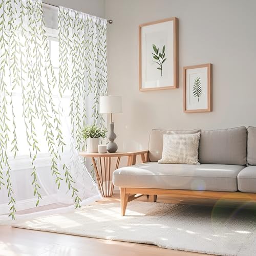 108 Inch Sheer Curtains with Green Leaf Pattern 2 Panels Set