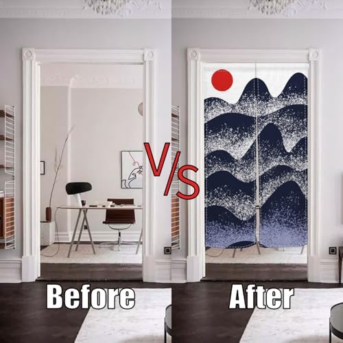 Traditional Japanese Noren Doorway Curtain with Sunset Mountain Print