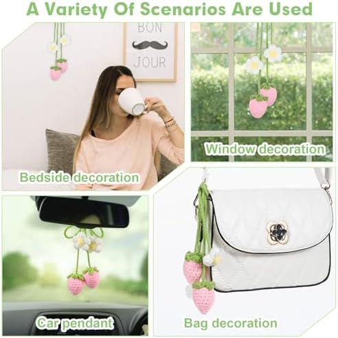 Crochet Car Mirror Hanger Strawberry Flower Girly Decoration