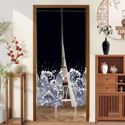 Noren Doorway Curtain Navy Blue Waves Pattern Panel