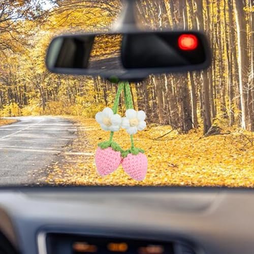 2 Pack Crochet Strawberry Flower Car Hanging Ornaments for Women