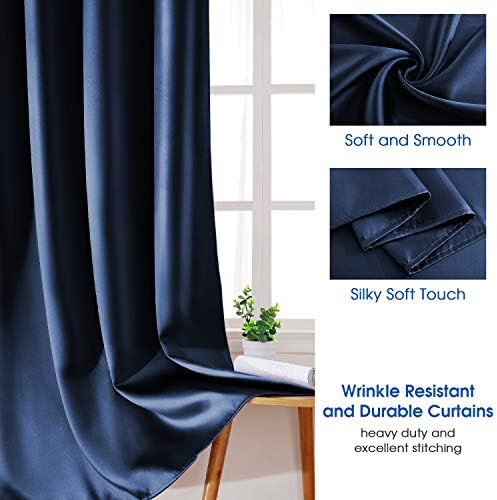 HOMEIDEAS 2 Panels Navy Blue Faux Silk Blackout Curtains 52x108 Inch