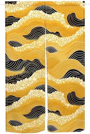 Leowefowa Japanese Noren Curtain with Gold and Black Great Wave Design