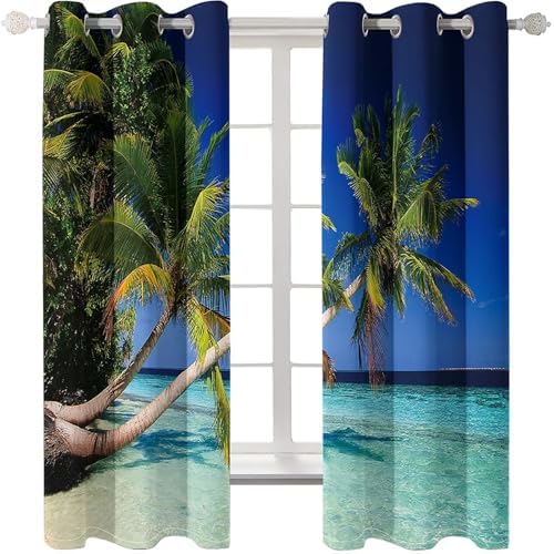 2 Piece Blackout Kitchen Curtains with Coconut Tree Design
