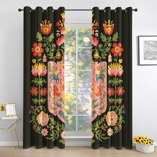 Mexican Floral Blackout Curtains 63 Inch Length Otomi Style 2 Panels Set