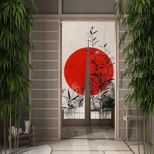 Japanese Noren Door Curtain with Red Moon Pattern