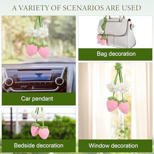 2 Pack Crochet Strawberry Flower Car Hanging Ornaments for Women