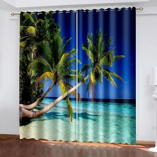2 Piece Blackout Kitchen Curtains with Coconut Tree Design